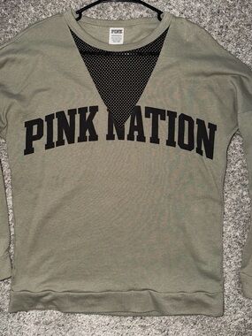 PINK Victoria's Secret Olive Green Pullover with Black 'PINK NATION'